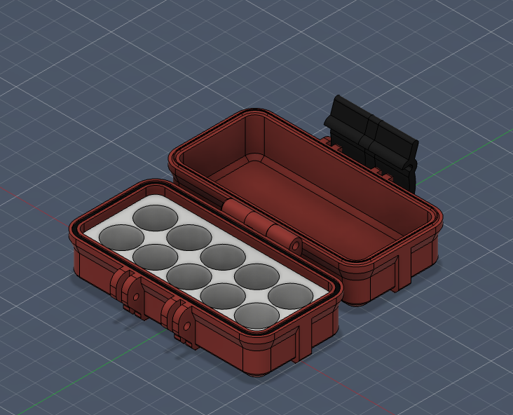 10 Vial Rugged Box - 3D model showing ten vial slots in elongated rugged case