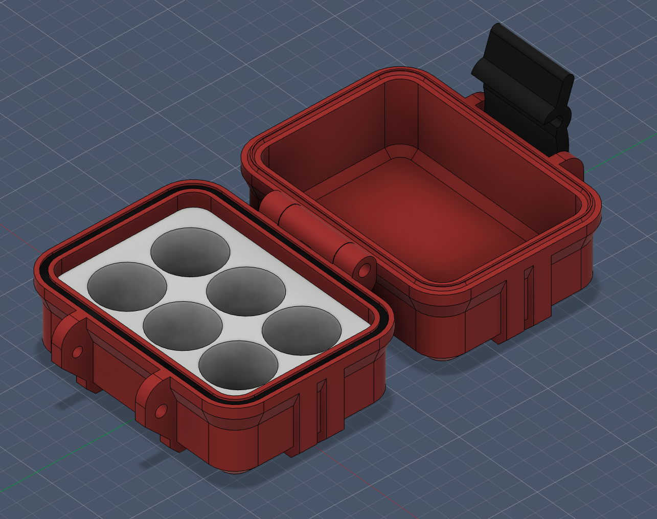 6 Vial Rugged Box - 3D model showing six round vial slots in white insert